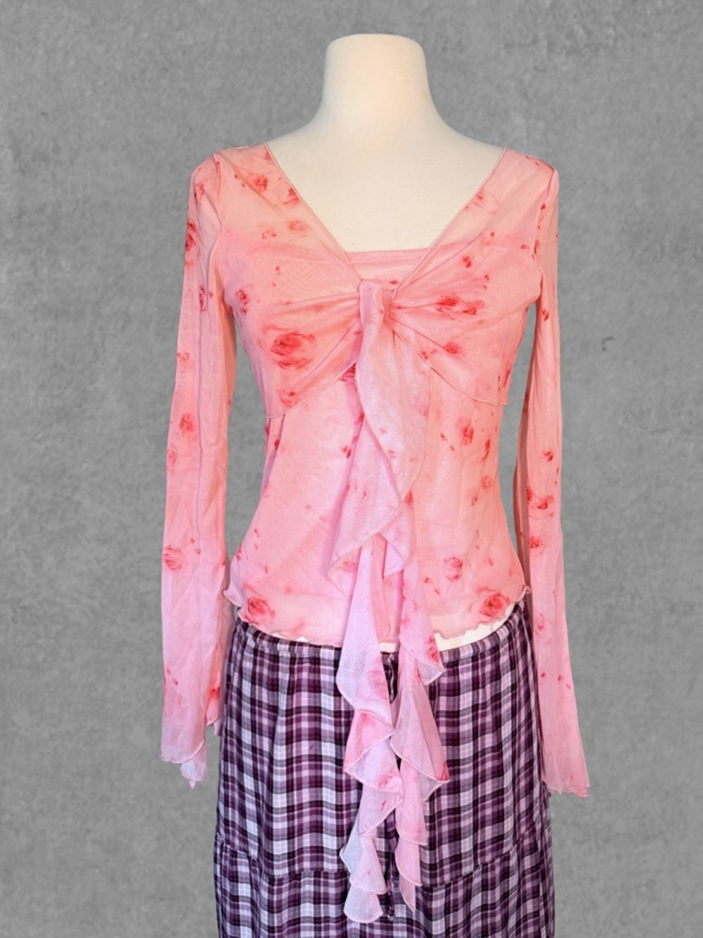 Y2K Style Floral Tie-Front Sheer Top (S)